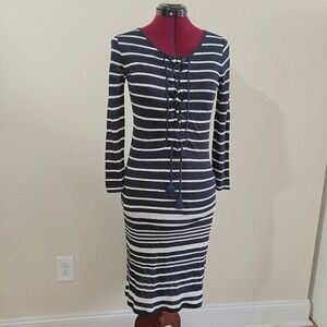Calypso St Barth Midi Dress Linen Black White Striped Long Sleeve Tassels XS